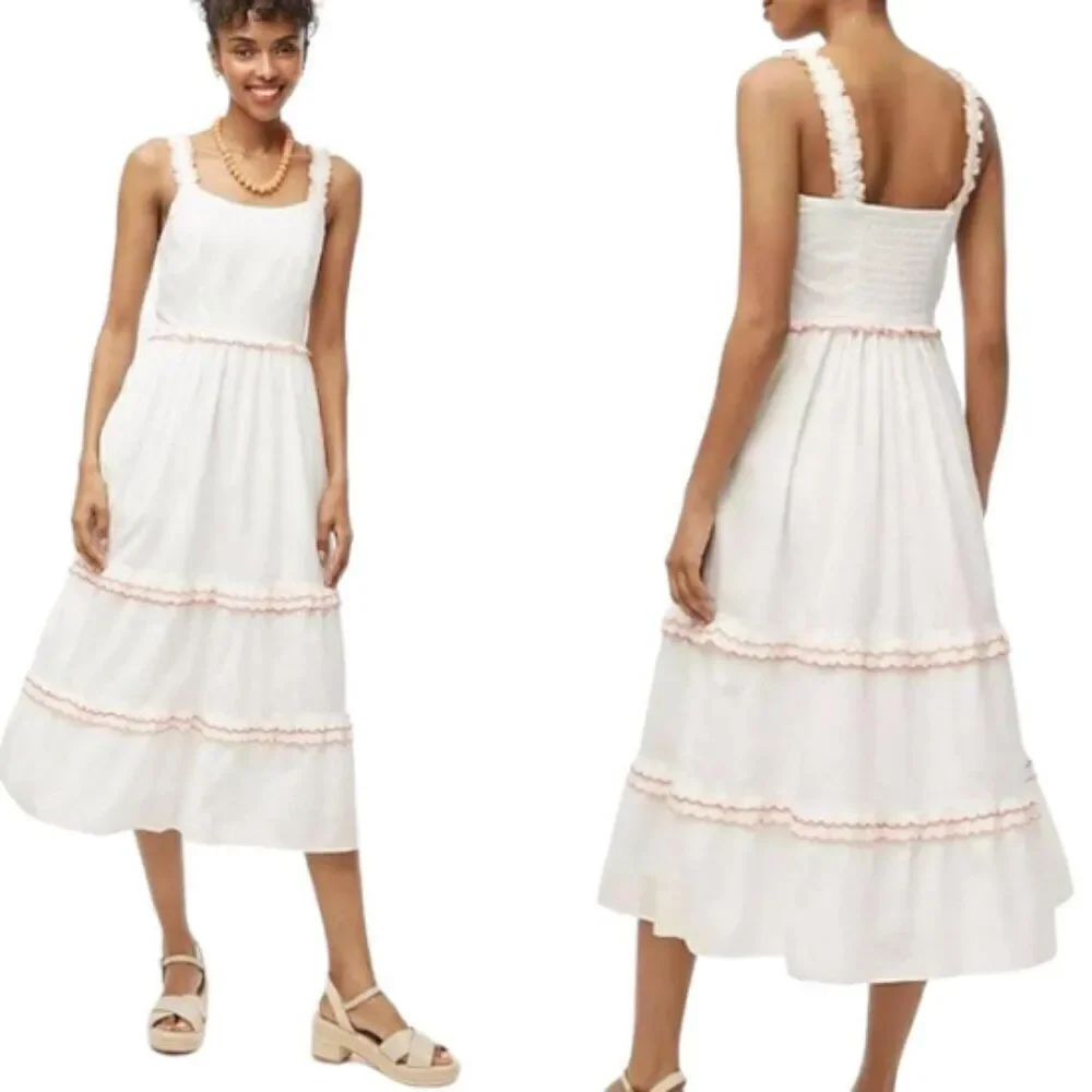 J.Crew Factory Scalloped-trim Tiered Midi Dress in White CA107 NWT - Picture 3 of 12